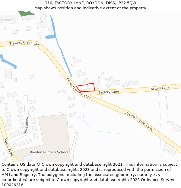 110, FACTORY LANE, ROYDON, DISS, IP22 5QW: Location map and indicative extent of plot