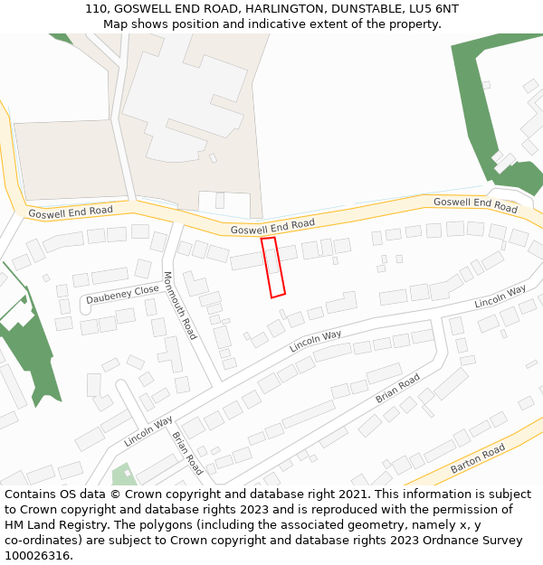 110, GOSWELL END ROAD, HARLINGTON, DUNSTABLE, LU5 6NT: Location map and indicative extent of plot