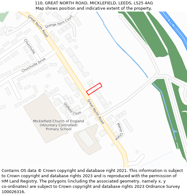 110, GREAT NORTH ROAD, MICKLEFIELD, LEEDS, LS25 4AG: Location map and indicative extent of plot