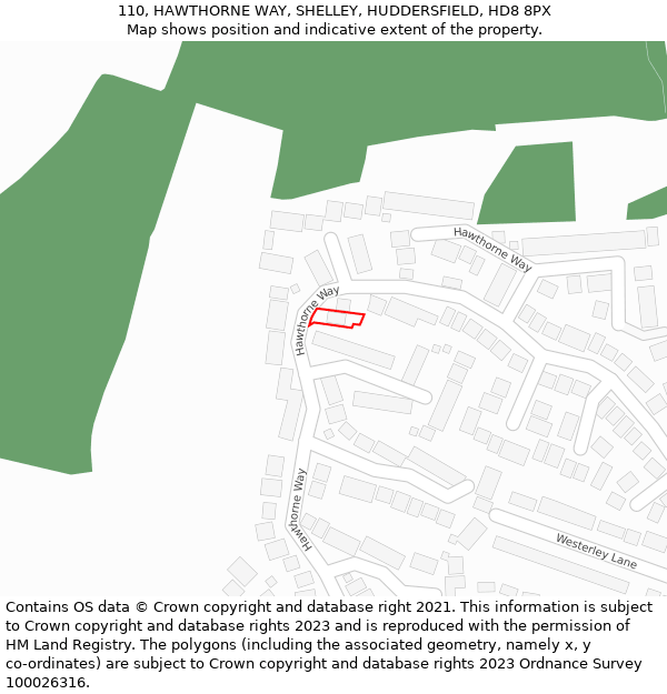 110, HAWTHORNE WAY, SHELLEY, HUDDERSFIELD, HD8 8PX: Location map and indicative extent of plot
