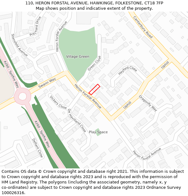 110, HERON FORSTAL AVENUE, HAWKINGE, FOLKESTONE, CT18 7FP: Location map and indicative extent of plot