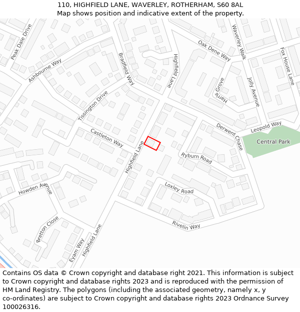 110, HIGHFIELD LANE, WAVERLEY, ROTHERHAM, S60 8AL: Location map and indicative extent of plot