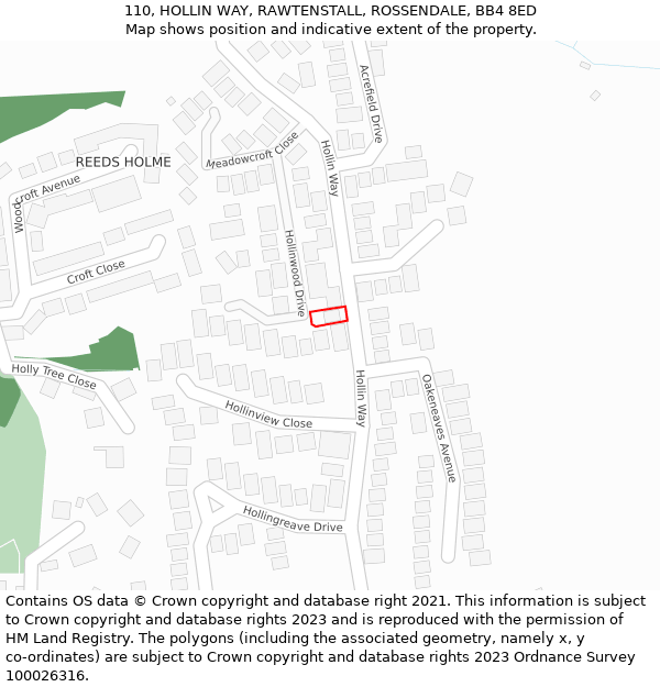 110, HOLLIN WAY, RAWTENSTALL, ROSSENDALE, BB4 8ED: Location map and indicative extent of plot