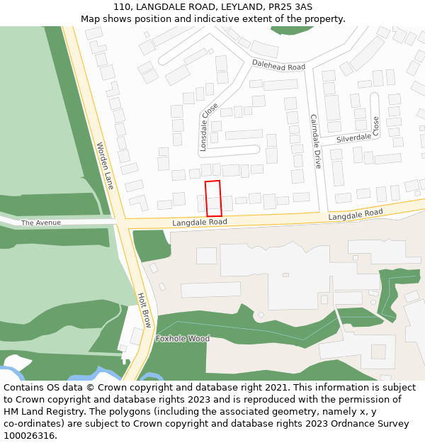 110, LANGDALE ROAD, LEYLAND, PR25 3AS: Location map and indicative extent of plot