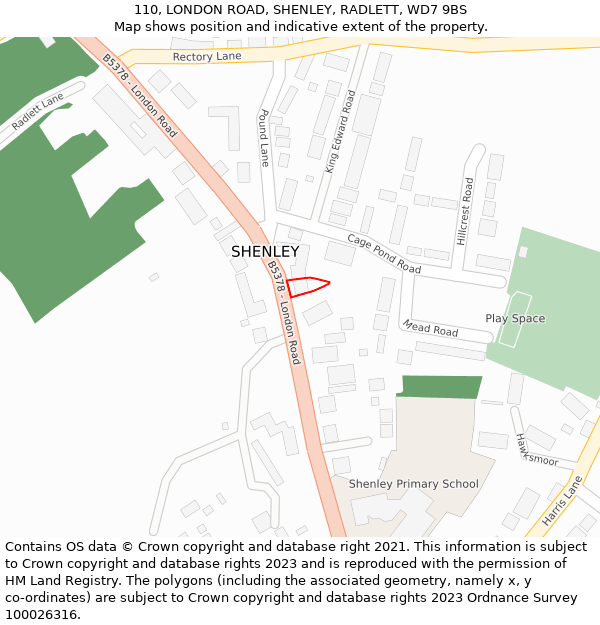 110, LONDON ROAD, SHENLEY, RADLETT, WD7 9BS: Location map and indicative extent of plot