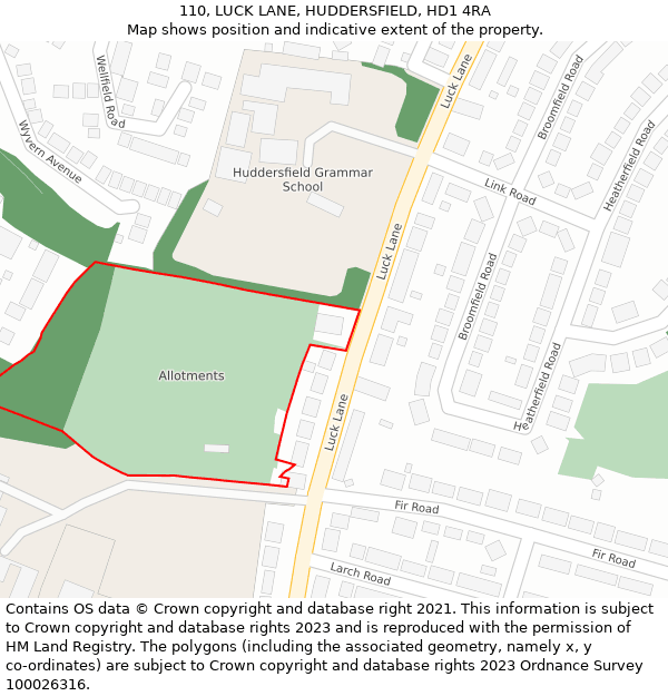 110, LUCK LANE, HUDDERSFIELD, HD1 4RA: Location map and indicative extent of plot