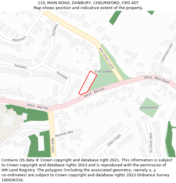 110, MAIN ROAD, DANBURY, CHELMSFORD, CM3 4DT: Location map and indicative extent of plot