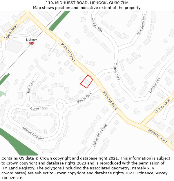 110, MIDHURST ROAD, LIPHOOK, GU30 7HA: Location map and indicative extent of plot
