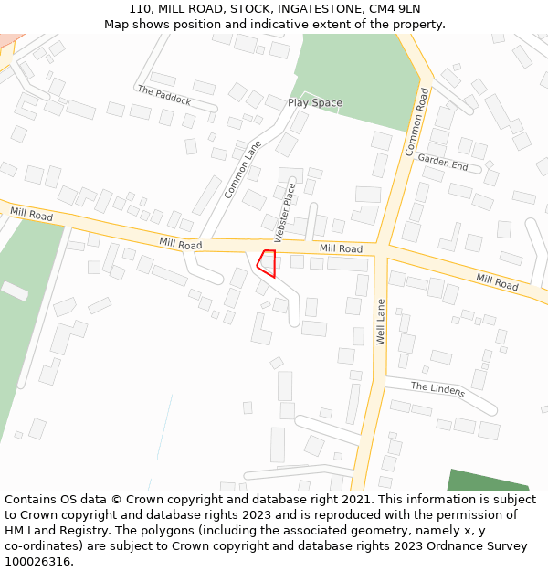 110, MILL ROAD, STOCK, INGATESTONE, CM4 9LN: Location map and indicative extent of plot