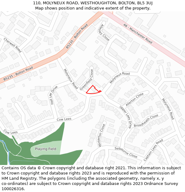 110, MOLYNEUX ROAD, WESTHOUGHTON, BOLTON, BL5 3UJ: Location map and indicative extent of plot