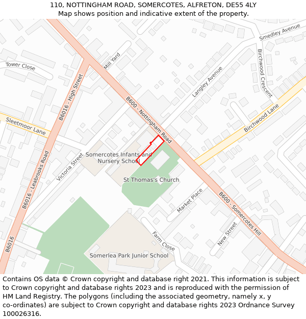 110, NOTTINGHAM ROAD, SOMERCOTES, ALFRETON, DE55 4LY: Location map and indicative extent of plot