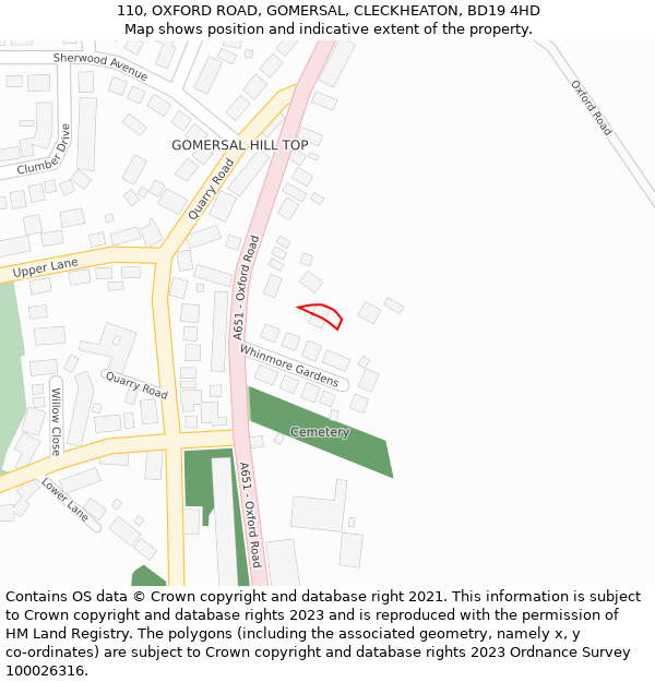 110, OXFORD ROAD, GOMERSAL, CLECKHEATON, BD19 4HD: Location map and indicative extent of plot