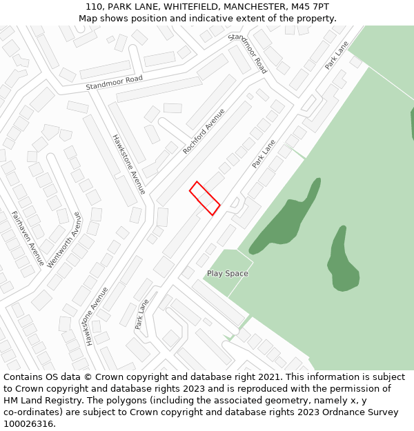 110, PARK LANE, WHITEFIELD, MANCHESTER, M45 7PT: Location map and indicative extent of plot