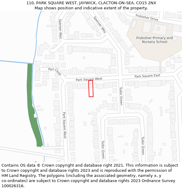 110, PARK SQUARE WEST, JAYWICK, CLACTON-ON-SEA, CO15 2NX: Location map and indicative extent of plot