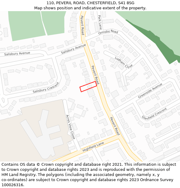 110, PEVERIL ROAD, CHESTERFIELD, S41 8SG: Location map and indicative extent of plot