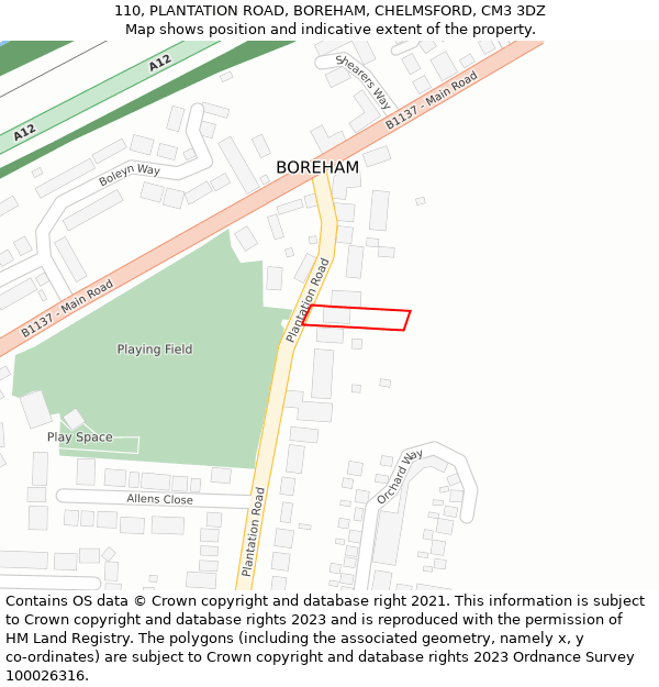 110, PLANTATION ROAD, BOREHAM, CHELMSFORD, CM3 3DZ: Location map and indicative extent of plot