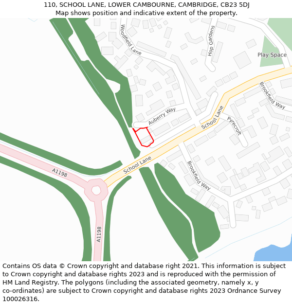 110, SCHOOL LANE, LOWER CAMBOURNE, CAMBRIDGE, CB23 5DJ: Location map and indicative extent of plot