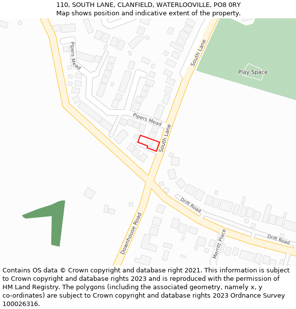 110, SOUTH LANE, CLANFIELD, WATERLOOVILLE, PO8 0RY: Location map and indicative extent of plot