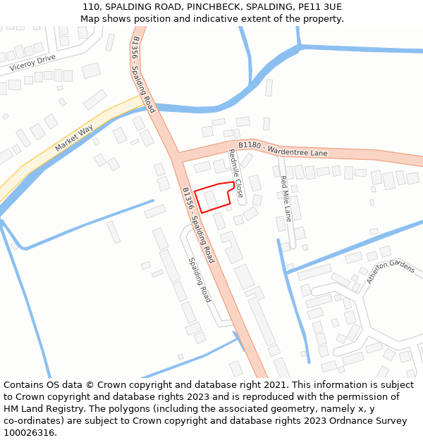 110, SPALDING ROAD, PINCHBECK, SPALDING, PE11 3UE: Location map and indicative extent of plot