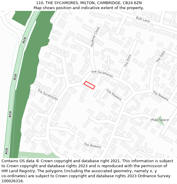 110, THE SYCAMORES, MILTON, CAMBRIDGE, CB24 6ZN: Location map and indicative extent of plot