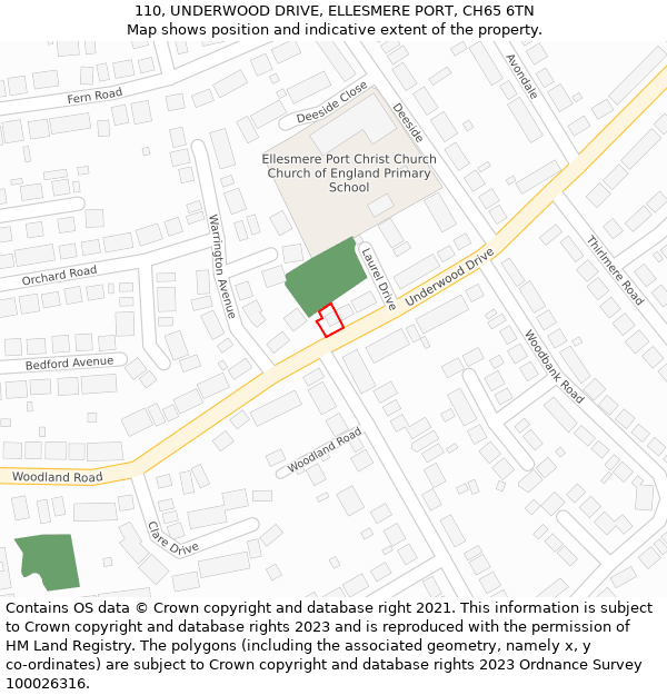 110, UNDERWOOD DRIVE, ELLESMERE PORT, CH65 6TN: Location map and indicative extent of plot