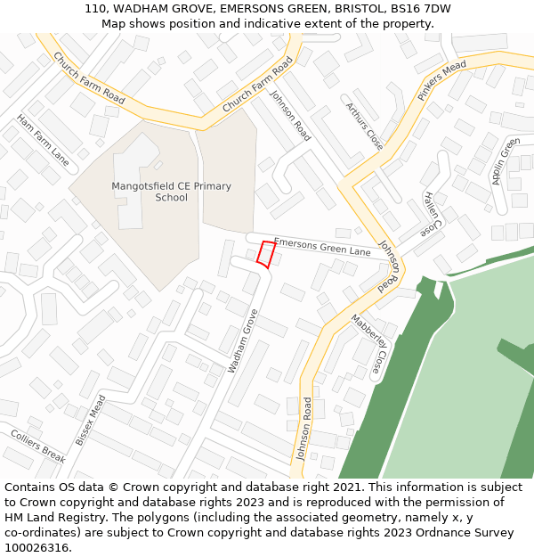 110, WADHAM GROVE, EMERSONS GREEN, BRISTOL, BS16 7DW: Location map and indicative extent of plot
