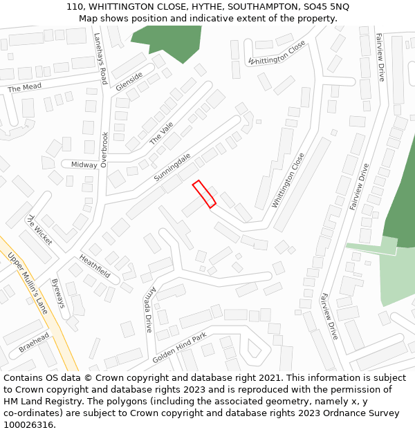 110, WHITTINGTON CLOSE, HYTHE, SOUTHAMPTON, SO45 5NQ: Location map and indicative extent of plot