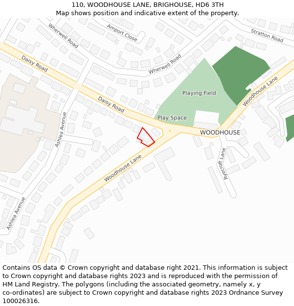 110, WOODHOUSE LANE, BRIGHOUSE, HD6 3TH: Location map and indicative extent of plot