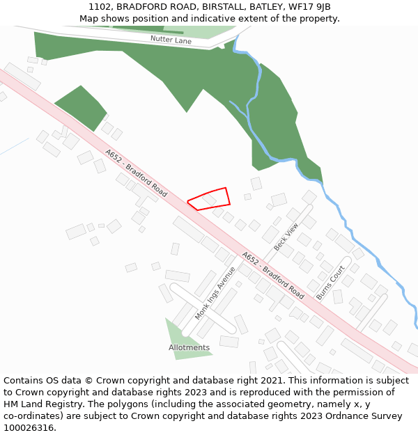 1102, BRADFORD ROAD, BIRSTALL, BATLEY, WF17 9JB: Location map and indicative extent of plot