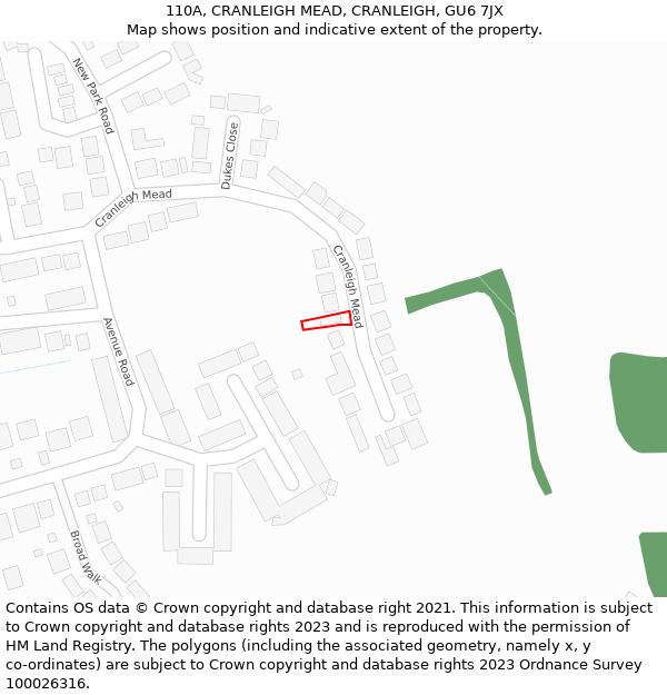 110A, CRANLEIGH MEAD, CRANLEIGH, GU6 7JX: Location map and indicative extent of plot