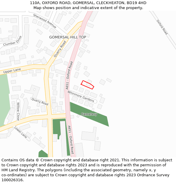 110A, OXFORD ROAD, GOMERSAL, CLECKHEATON, BD19 4HD: Location map and indicative extent of plot