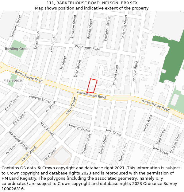 111, BARKERHOUSE ROAD, NELSON, BB9 9EX: Location map and indicative extent of plot