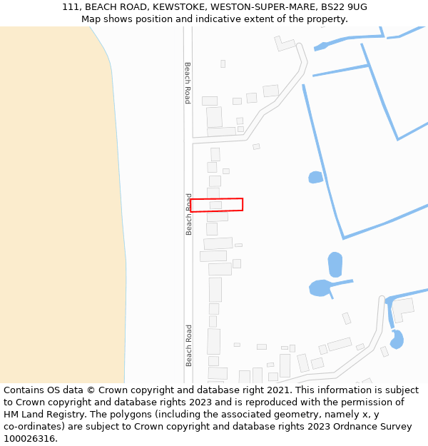 111, BEACH ROAD, KEWSTOKE, WESTON-SUPER-MARE, BS22 9UG: Location map and indicative extent of plot