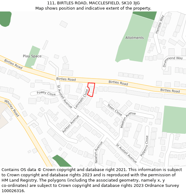 111, BIRTLES ROAD, MACCLESFIELD, SK10 3JG: Location map and indicative extent of plot