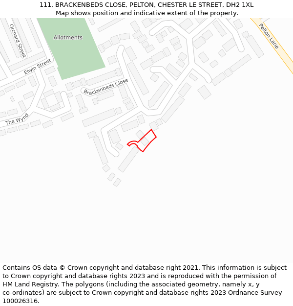 111, BRACKENBEDS CLOSE, PELTON, CHESTER LE STREET, DH2 1XL: Location map and indicative extent of plot