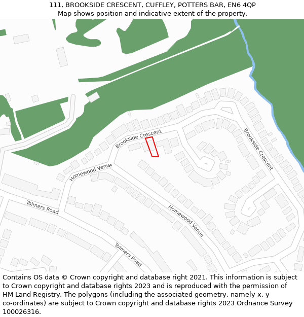 111, BROOKSIDE CRESCENT, CUFFLEY, POTTERS BAR, EN6 4QP: Location map and indicative extent of plot