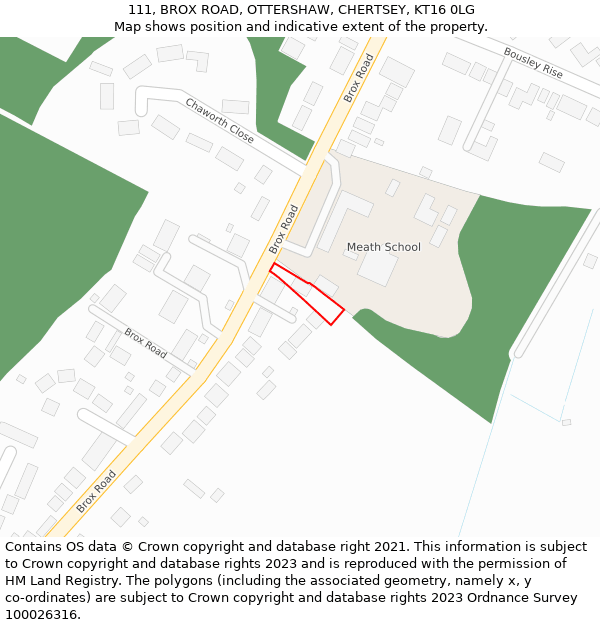 111, BROX ROAD, OTTERSHAW, CHERTSEY, KT16 0LG: Location map and indicative extent of plot