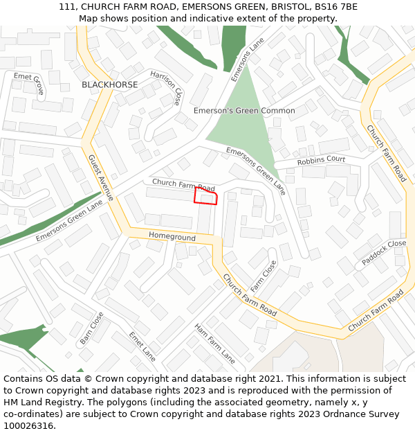 111, CHURCH FARM ROAD, EMERSONS GREEN, BRISTOL, BS16 7BE: Location map and indicative extent of plot