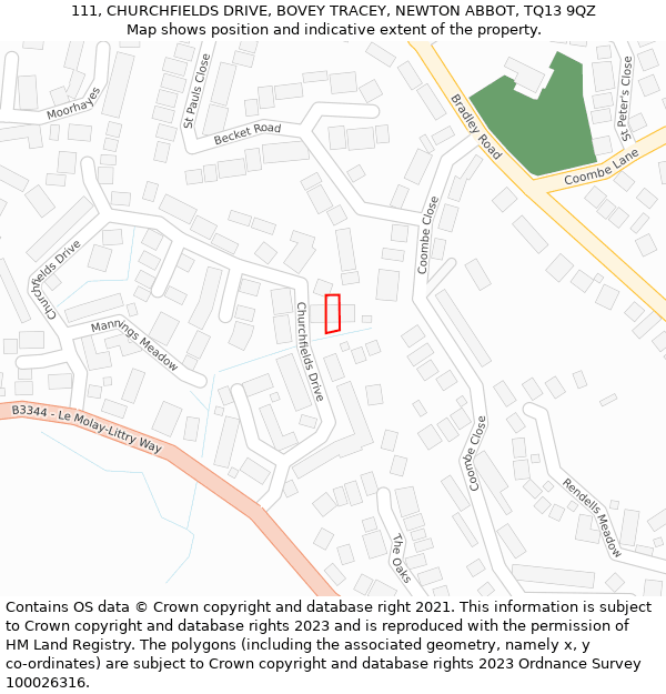 111, CHURCHFIELDS DRIVE, BOVEY TRACEY, NEWTON ABBOT, TQ13 9QZ: Location map and indicative extent of plot