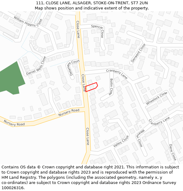 111, CLOSE LANE, ALSAGER, STOKE-ON-TRENT, ST7 2UN: Location map and indicative extent of plot