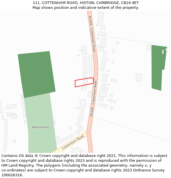 111, COTTENHAM ROAD, HISTON, CAMBRIDGE, CB24 9ET: Location map and indicative extent of plot