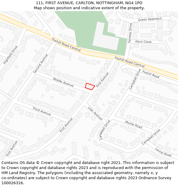 111, FIRST AVENUE, CARLTON, NOTTINGHAM, NG4 1PD: Location map and indicative extent of plot