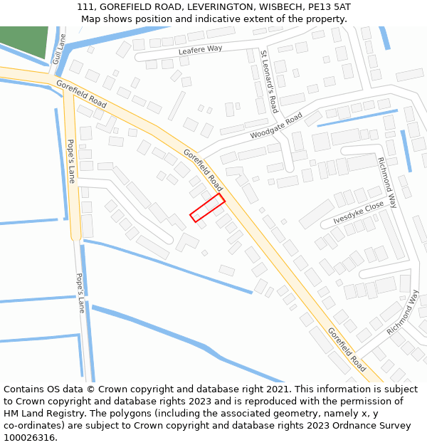 111, GOREFIELD ROAD, LEVERINGTON, WISBECH, PE13 5AT: Location map and indicative extent of plot