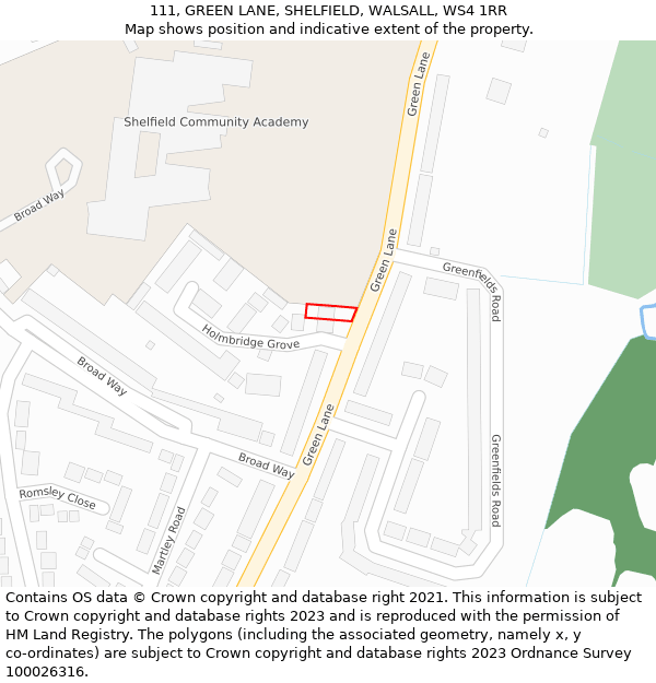 111, GREEN LANE, SHELFIELD, WALSALL, WS4 1RR: Location map and indicative extent of plot