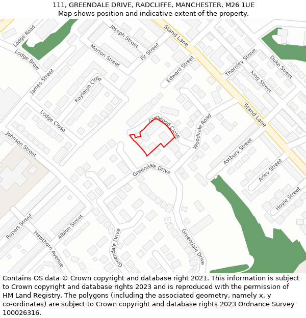 111, GREENDALE DRIVE, RADCLIFFE, MANCHESTER, M26 1UE: Location map and indicative extent of plot