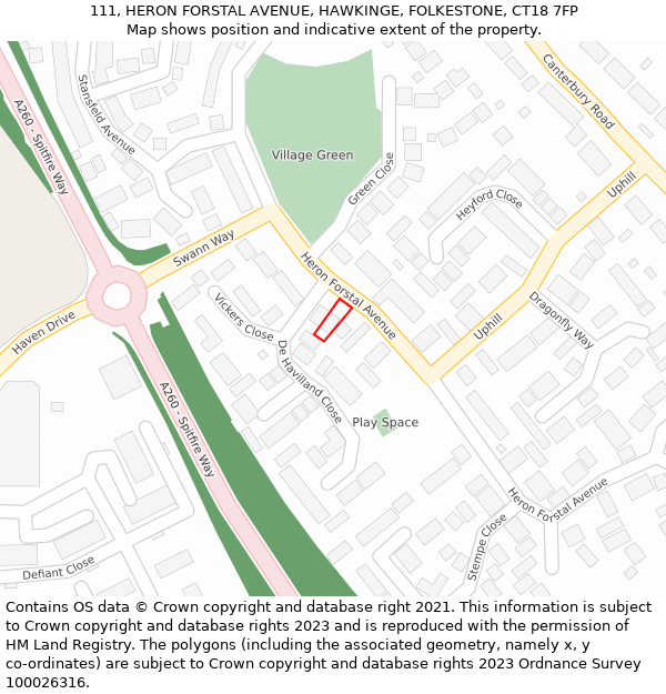 111, HERON FORSTAL AVENUE, HAWKINGE, FOLKESTONE, CT18 7FP: Location map and indicative extent of plot