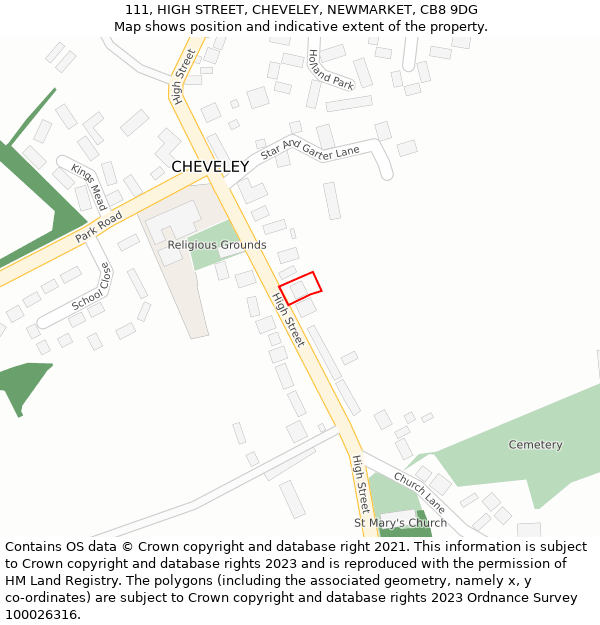 111, HIGH STREET, CHEVELEY, NEWMARKET, CB8 9DG: Location map and indicative extent of plot