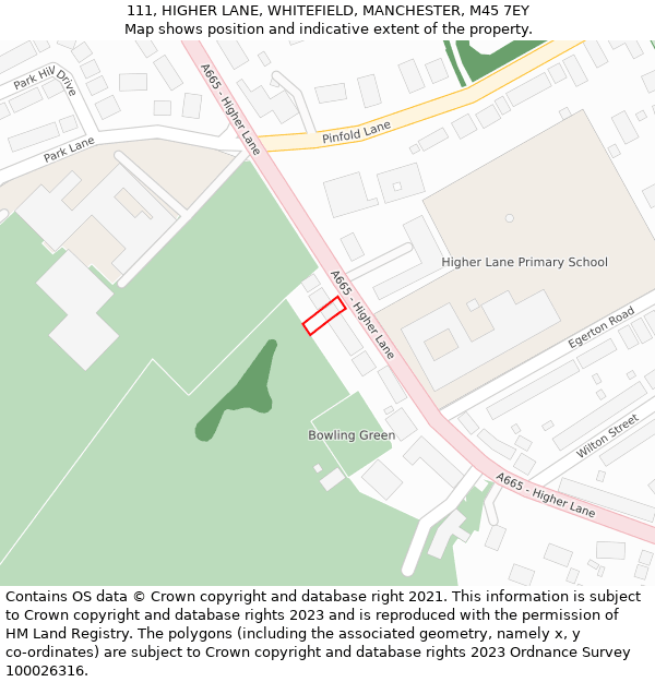 111, HIGHER LANE, WHITEFIELD, MANCHESTER, M45 7EY: Location map and indicative extent of plot