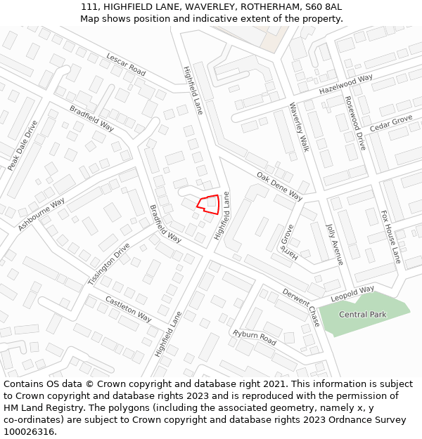 111, HIGHFIELD LANE, WAVERLEY, ROTHERHAM, S60 8AL: Location map and indicative extent of plot