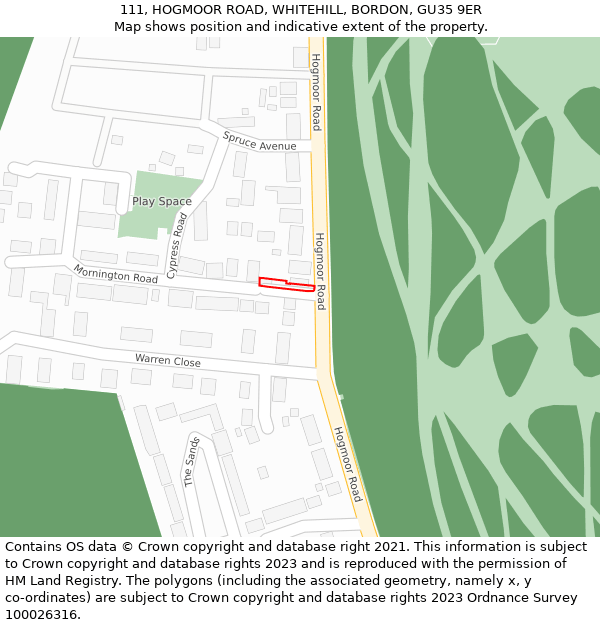 111, HOGMOOR ROAD, WHITEHILL, BORDON, GU35 9ER: Location map and indicative extent of plot